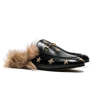 Gucci Princetown embroidered bee fur slippers